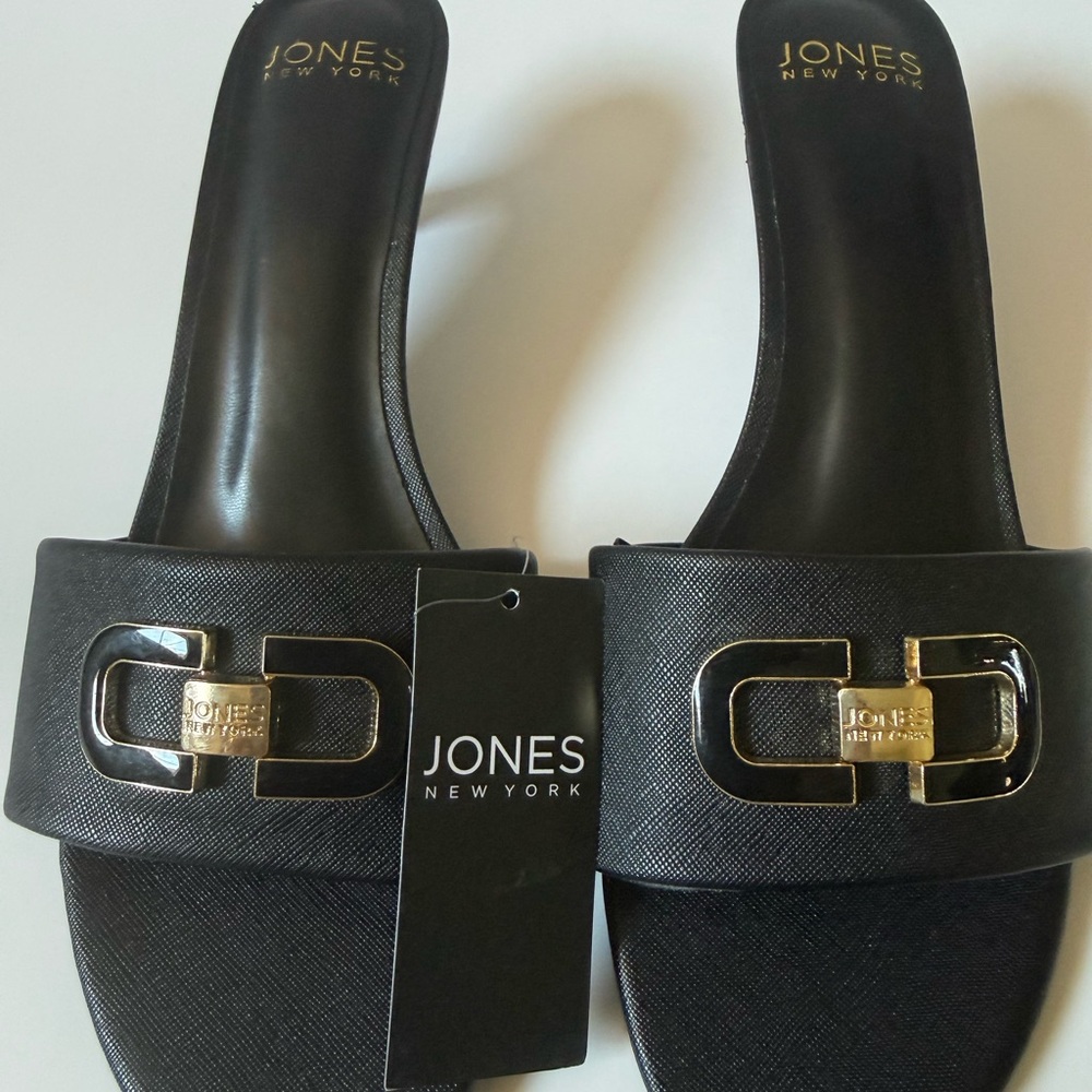 Jones New York Black Mules with Gold Detail